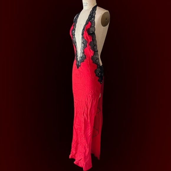 Victoria's Secret Other - Vintage Y2K Victorias Secret Red Silk Black Lace Maxi Slip Dress NWT